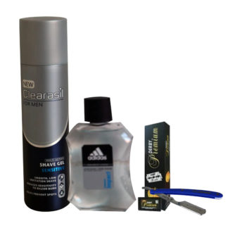 SHAVING KIT(clearasil shave gel+adidas aftershave+premiumderbyblades+cutthroat)