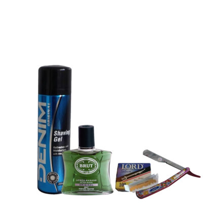 Shaving Kit(denim shaving gel,brut aftershave,Lord single edged razor blades,cut-throat)