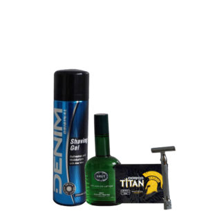 Shaving Kit(denim shaving gel,brut splash on aftershave,titan razor blades,safety razor)